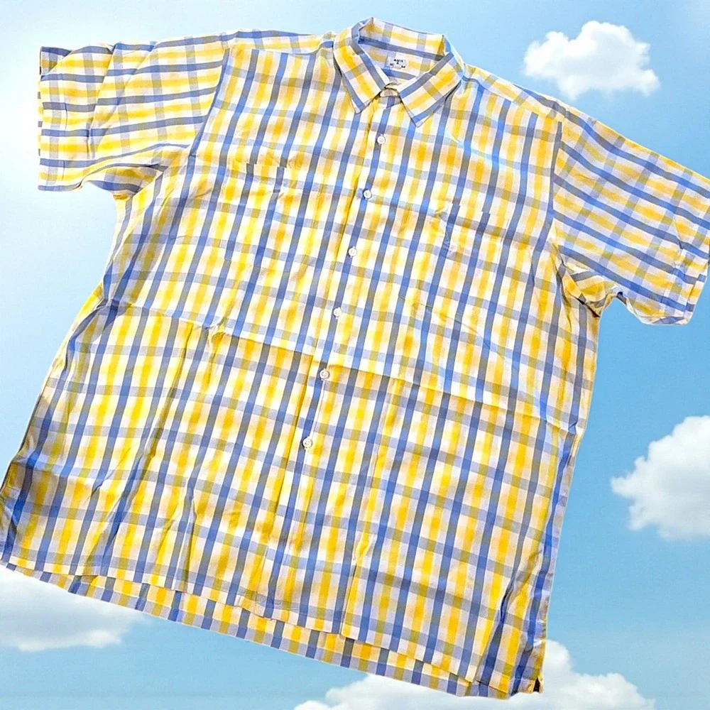 Vintage‎ Maus & Hoffman Cabana Shirt XXL Blue Yellow Check Cotton 80s 59